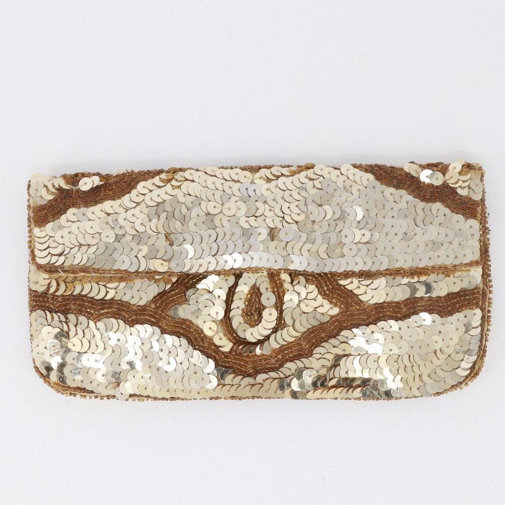 Arden B Clutch Handbag Women Gold Brown Sequin Beaded Lined Envelope Purse Bag